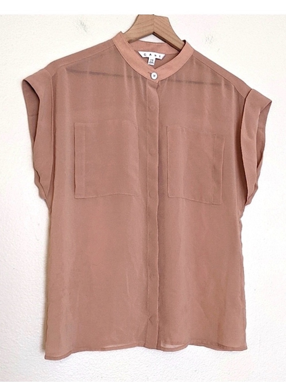 CAbi Blush Pink Mandarin Collar Cap Sleeve Blouse